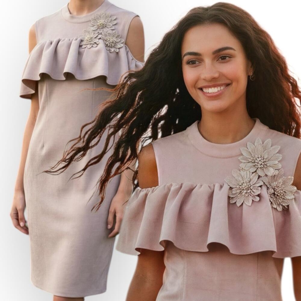Blue Sky NWT Blush Ruffle Dress off the shoulder embellished suede like fabric 4